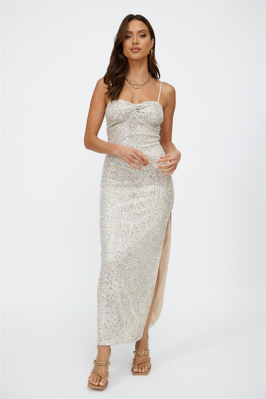 Disco Dancing Maxi Dress Beige Sequin