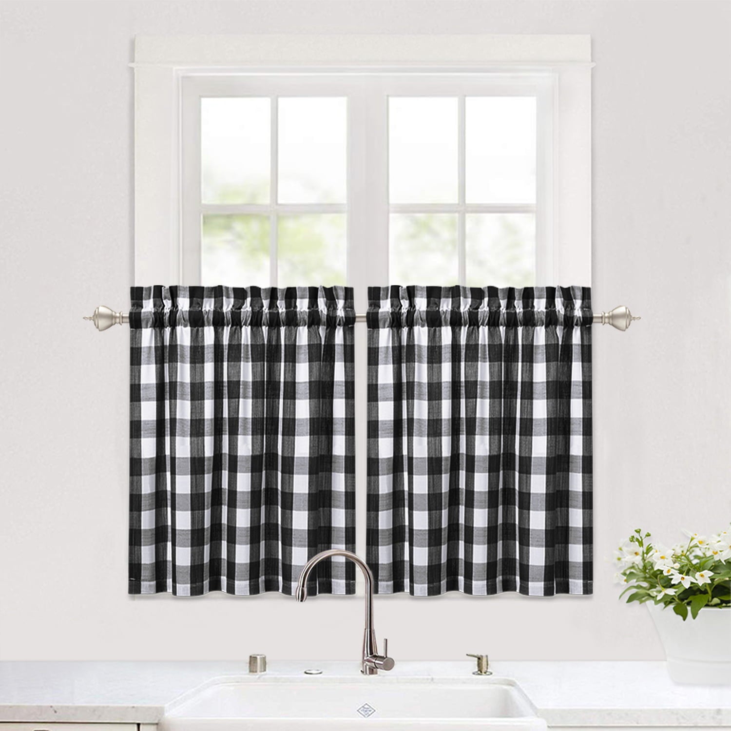 Haperlare Farmhouse Kitchen Curtains Buffalo Check Plaid Blackout Thick Yarn Dyed Cafe Curtain， Black/White， 28W x 24L 2 Panels