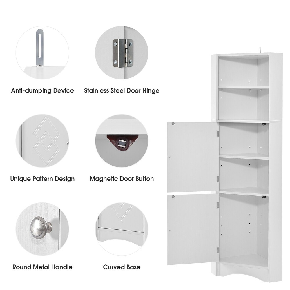 Tall Bathroom White Corner Cabinet  Freestanding Floor Storage Organizer Bookcase with Adjustable Shelves and Doors for Office