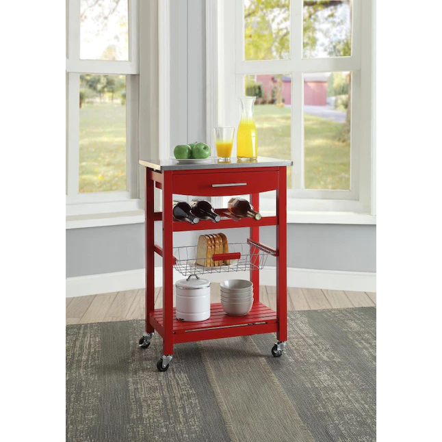 Linon KI094RED01U Red Wood Base with Stainless Steel Metal Top Rolling Kitchen Cart (22.88-in x 15.75-in x 33.88-in)