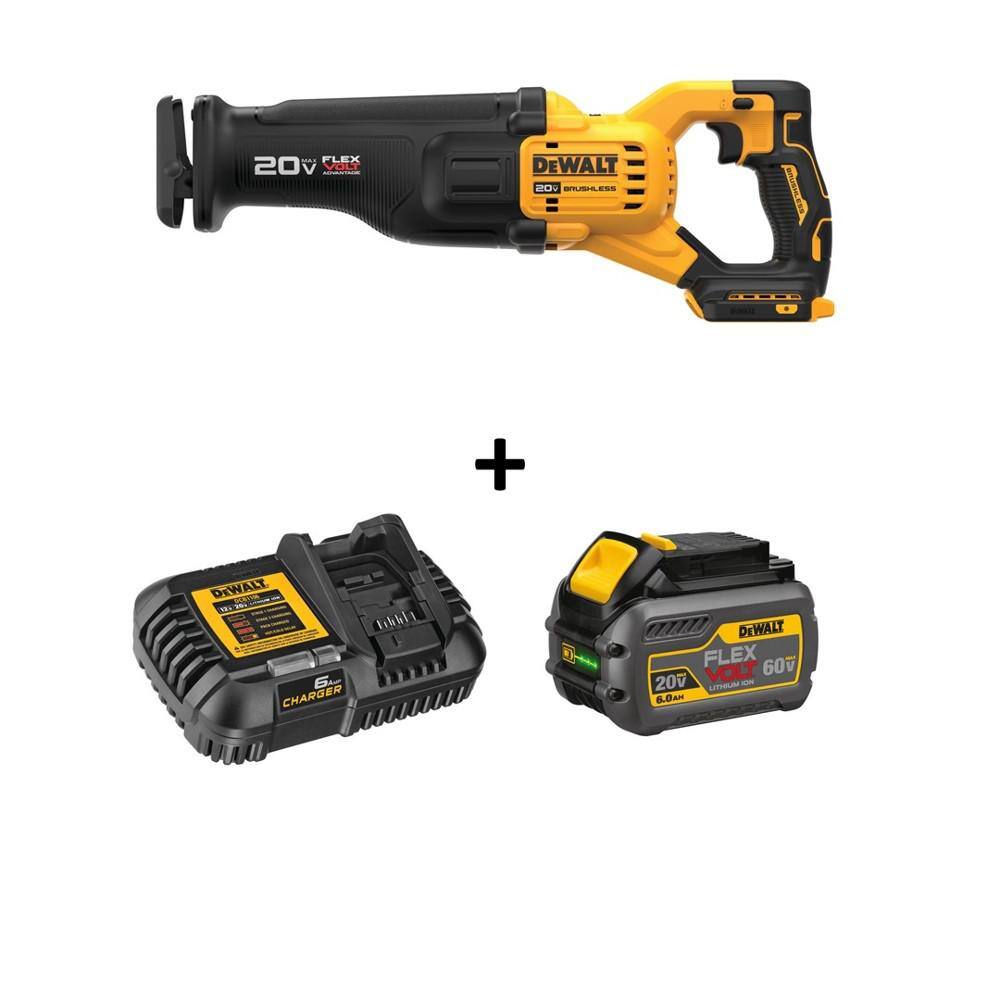 DW 20V MAX Lithium Ion Cordless Brushless Reciprocating Saw with FLEXVOLT ADVANTAGE and (1) FLEXVOLT 6.0Ah Battery Kit DCS386BW606C