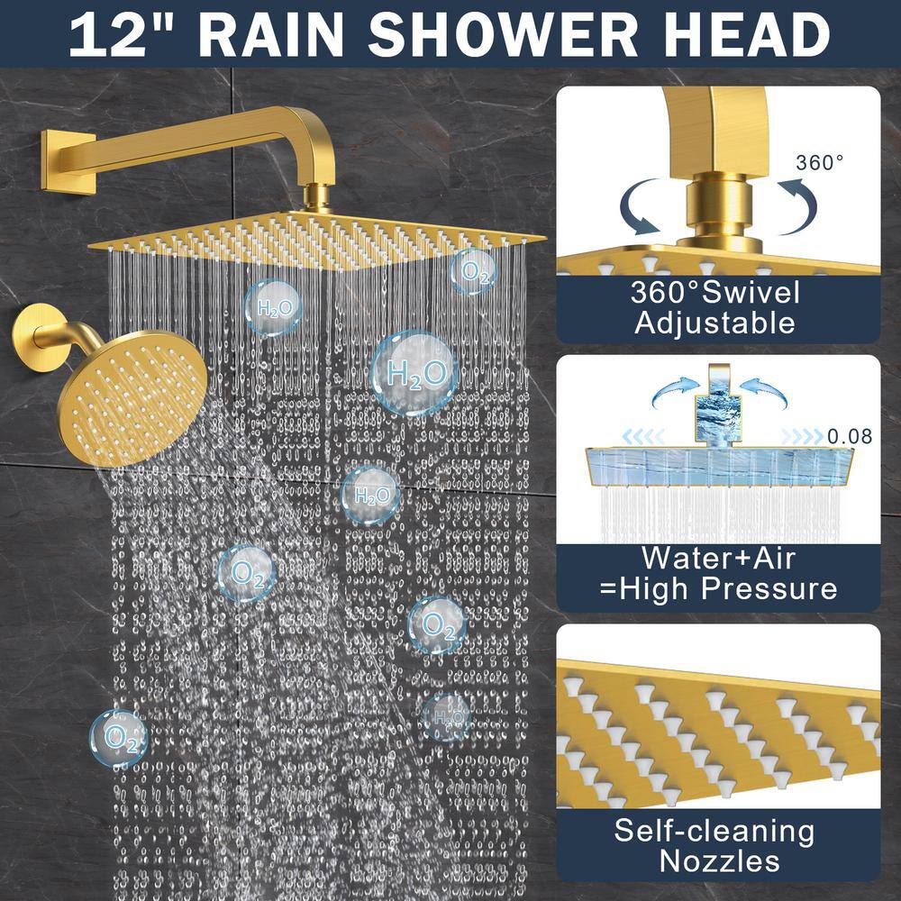 CRANACH 8-Spray 12 in. Wall Mount Dual Shower Head and Handheld Shower Head 2.5 GPM with 6-Jets in Brushed Gold(Valve Included) SRSFS-1017-GD12