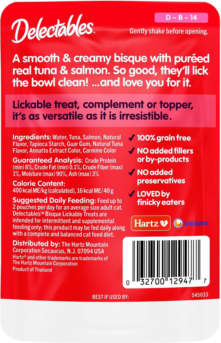 Hartz Delectables Bisque Tuna and Salmon Pack Lickable Cat Treats， 1.4-oz pouch， 12 count