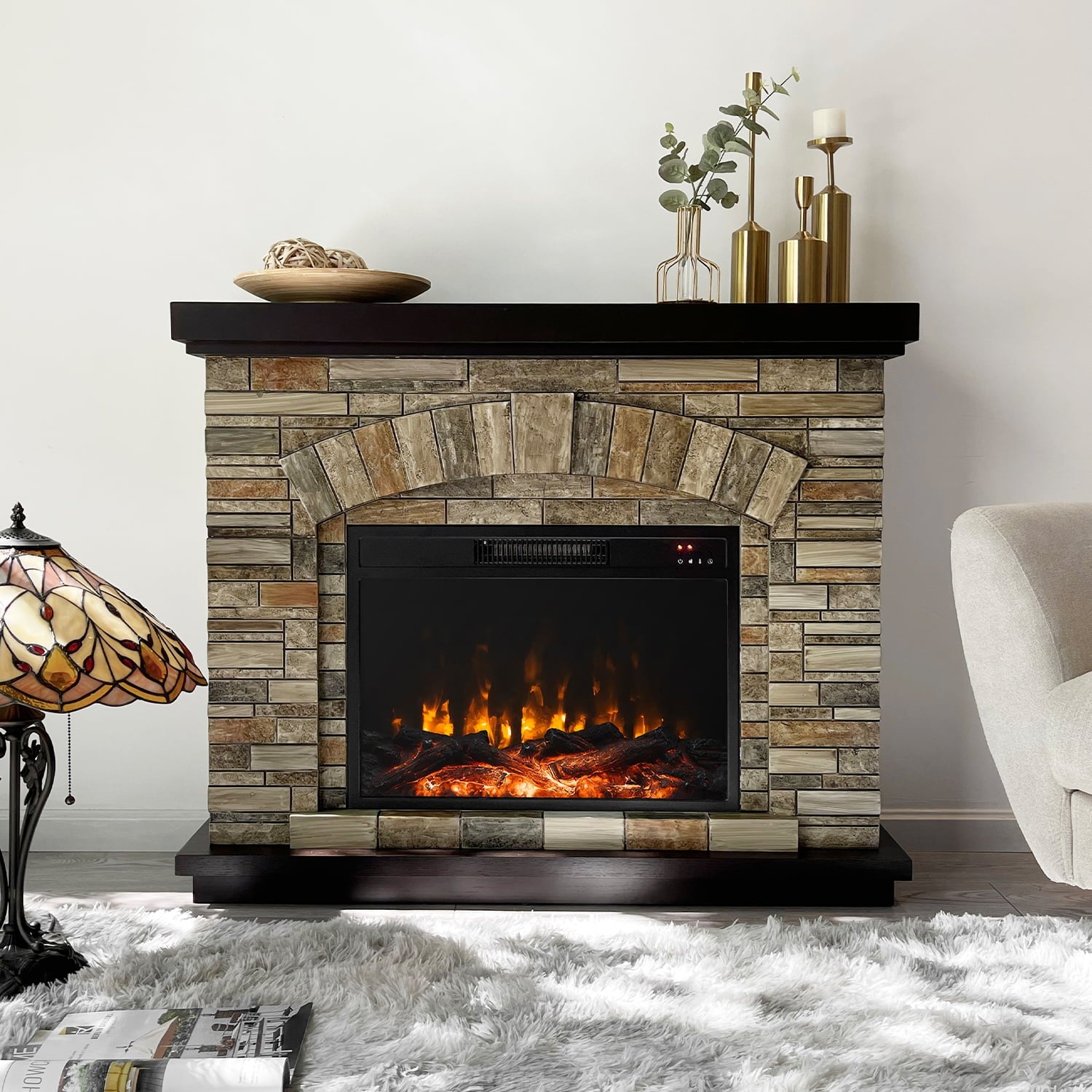 42"Faux Stone Mantel Infrared  Electric Fireplace with Timer&Remote Control