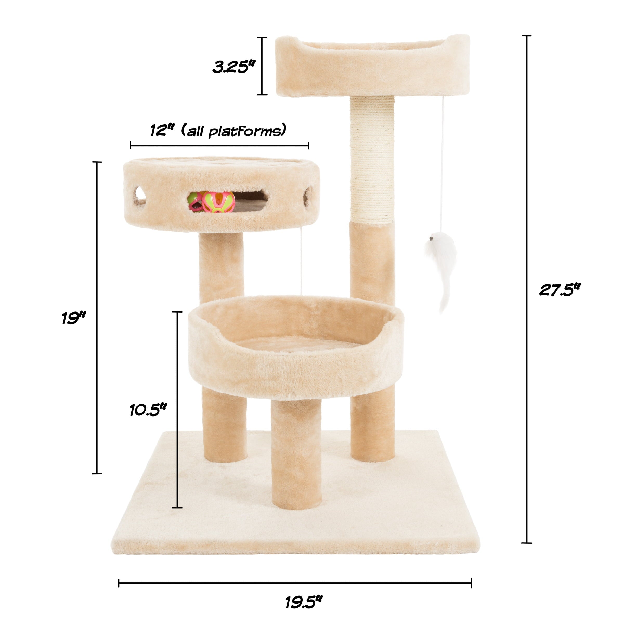 3-Tier Cat Tree - 2 Carpeted Napping Perches， Sisal Rope Scratching Post， Hanging Mouse， and Interactive Cheese Wheel Toy by PETMAKER (Tan)