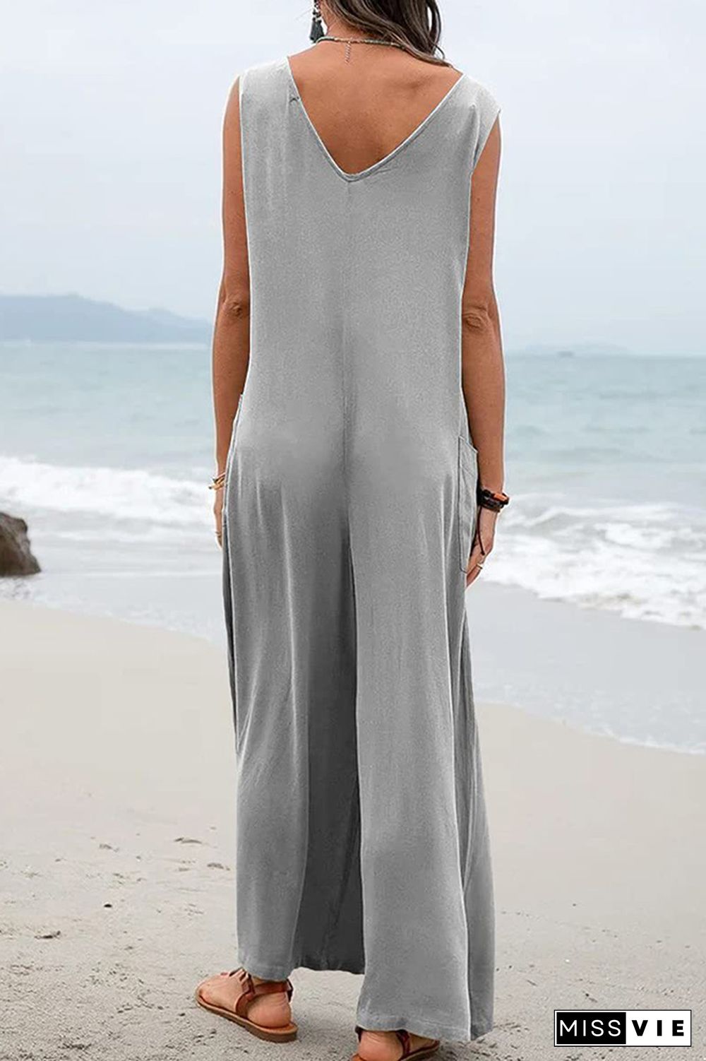 Plain V Neck Pockets Sleeveless Jumpsuit