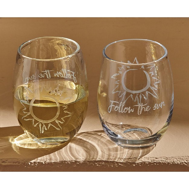 Tagltd 16 Oz Follow The Sun Sentiment Etched Clear Glass Stemless Wine Drinkware Hand Wash Beverage Glassware