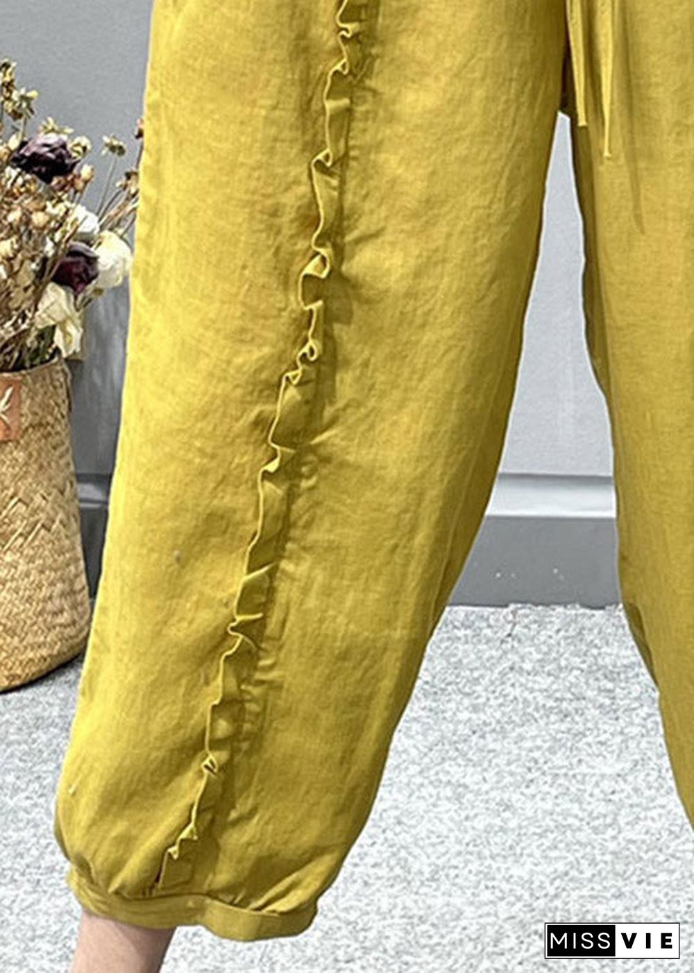 Organic Yellow Ruffled Pockets Linen Crop Pants Summer