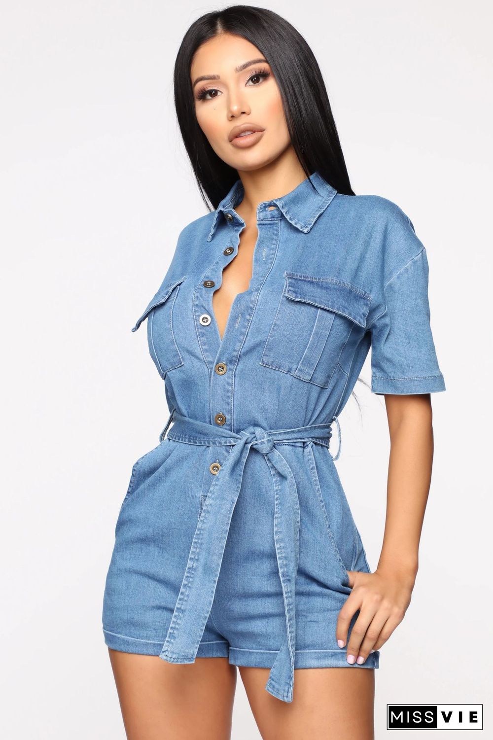 Short Sleeve Button Down Denim Rompers with Belt