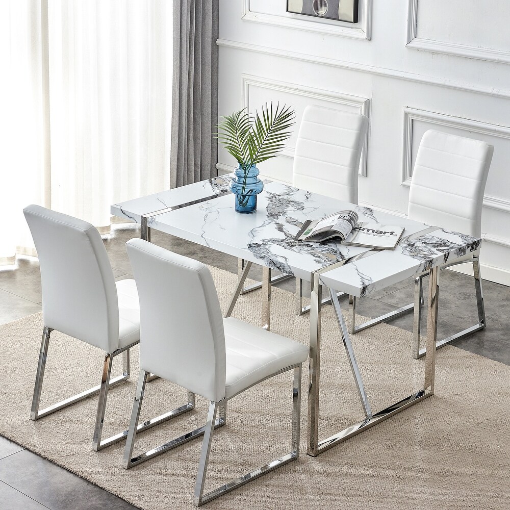 Dining Table Chairs Set for 4  Rectangular Faux Marble Table   Leather Chairs