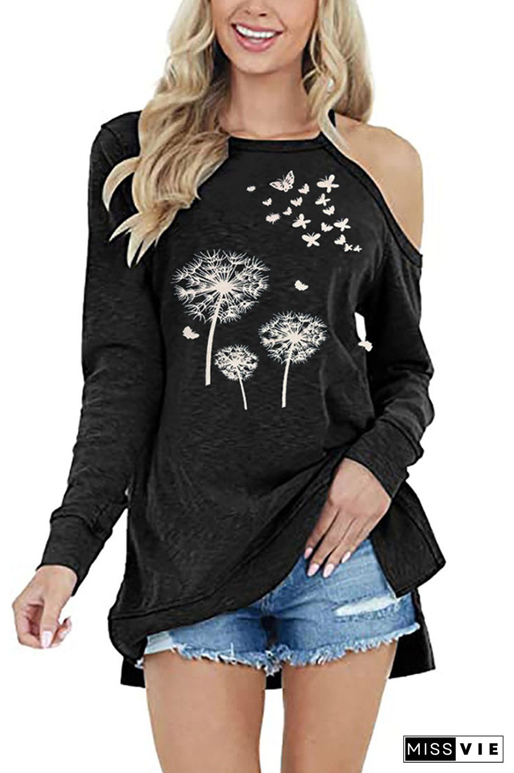 Dandelion Print One Shoulder Graphic Tee Women Wholesale Long Sleeve T shirts Top