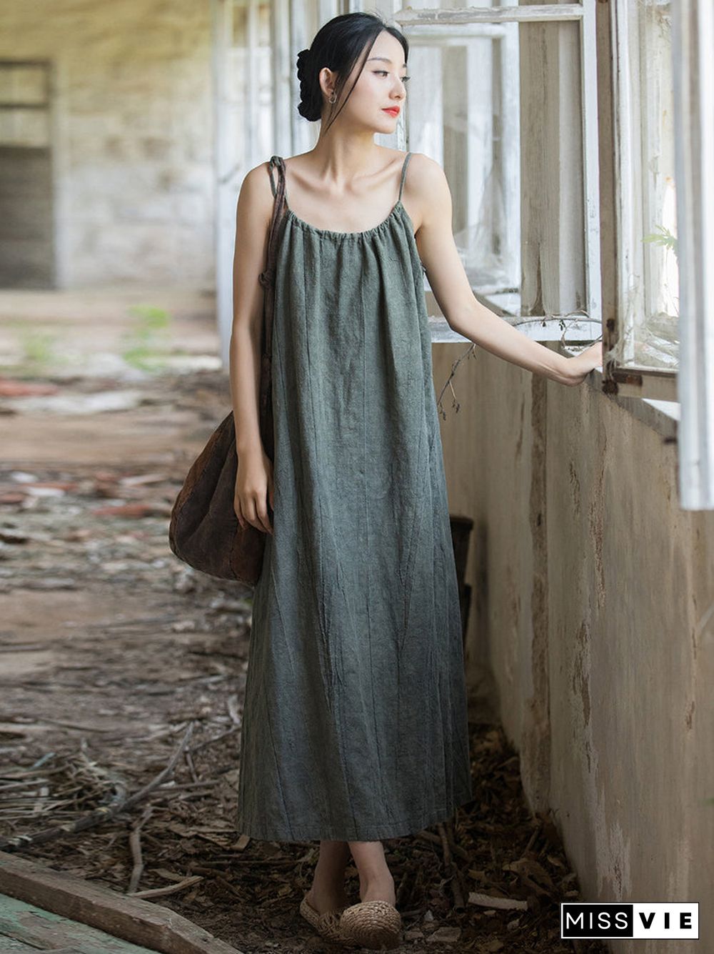 Women Summer Vintage Solid Loose Vest Dress