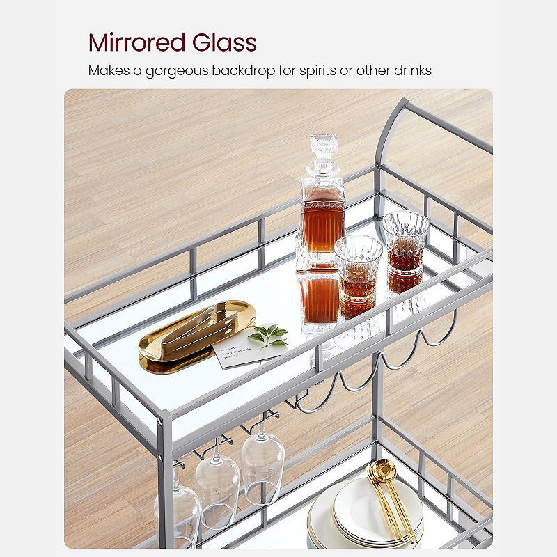 Home Bar Serving Cart， Wine Cart with 2 Mirrored Shelves， Wine Holders， Glass Holders， for Kitchen