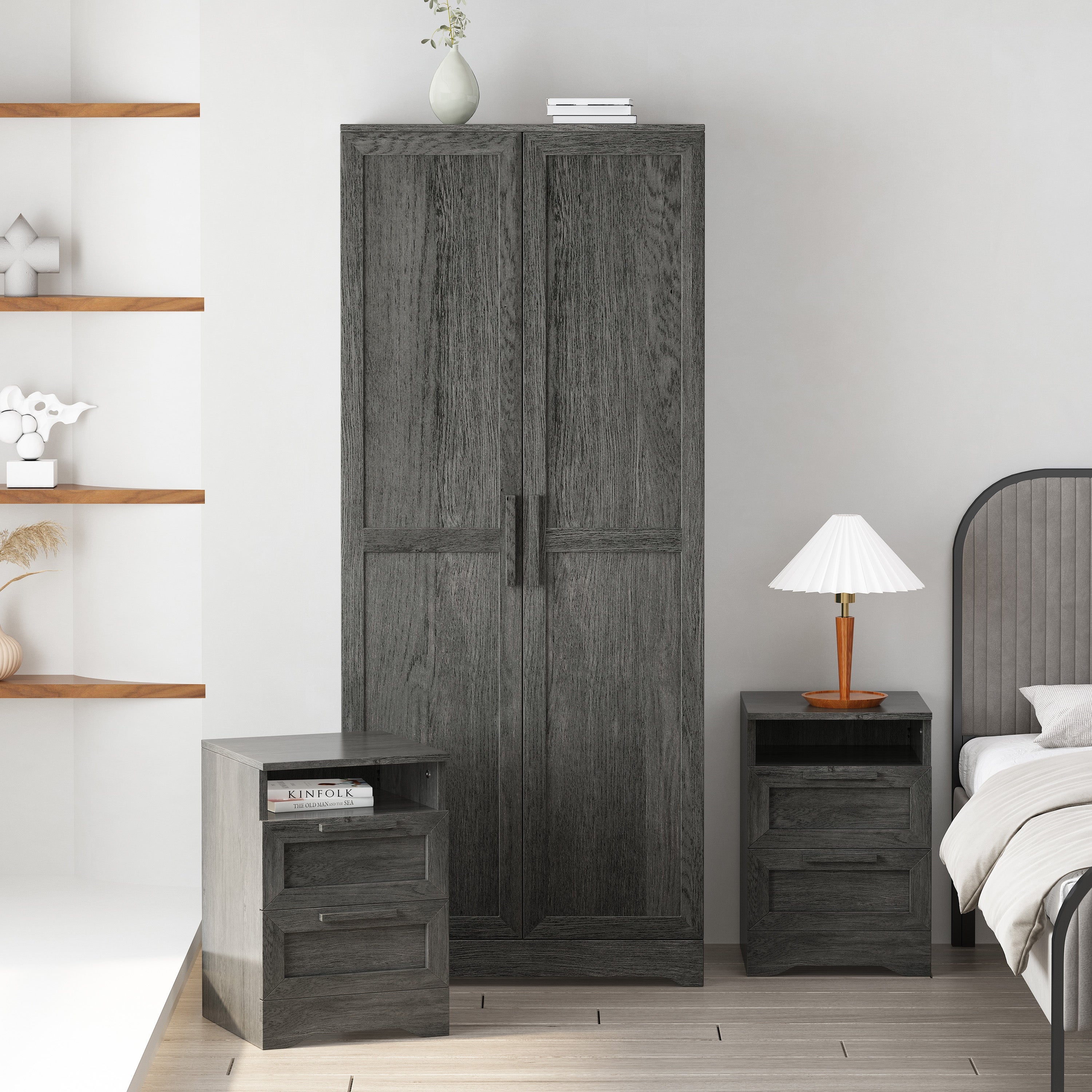 Danbury 3 Piece Wardrobe and 2 Drawer Nightstand Bedroom Set by Christopher Knight Home - - 37827528