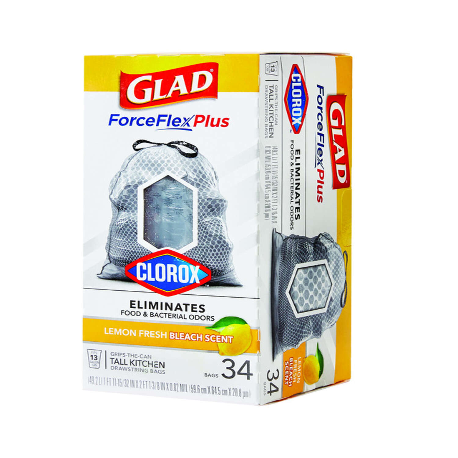 Glad Force Flex Plus 13 gal Lemon Scent Tall Kitchen Bags Drawstring 34 pk 0.82 mil