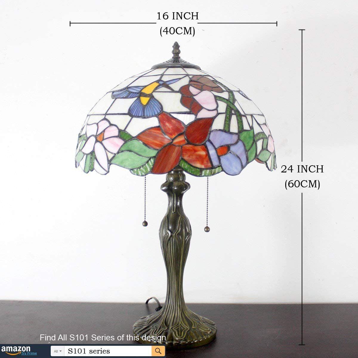  Lamp Table Stained Glass Hummingbird Style Shade Metal Base 24