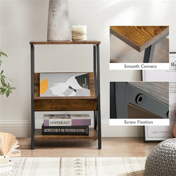 3-Tier Industrial Side Table with V Shaped Bookshelf for Living Room