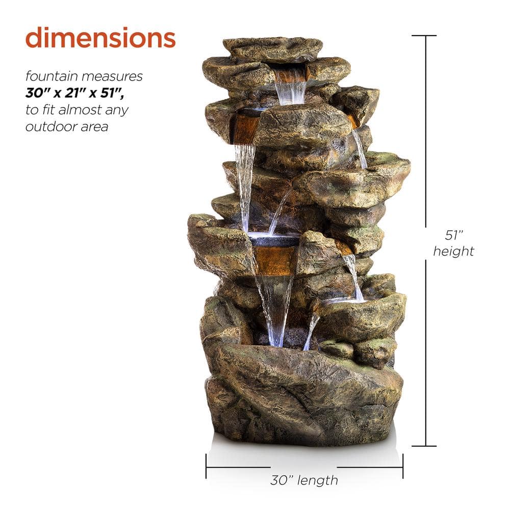 Alpine Corporation 51 in. Tall Outdoor 6-Tier Amazonian Rainforest Waterfall Fountain with 30 LED Lights TZL198