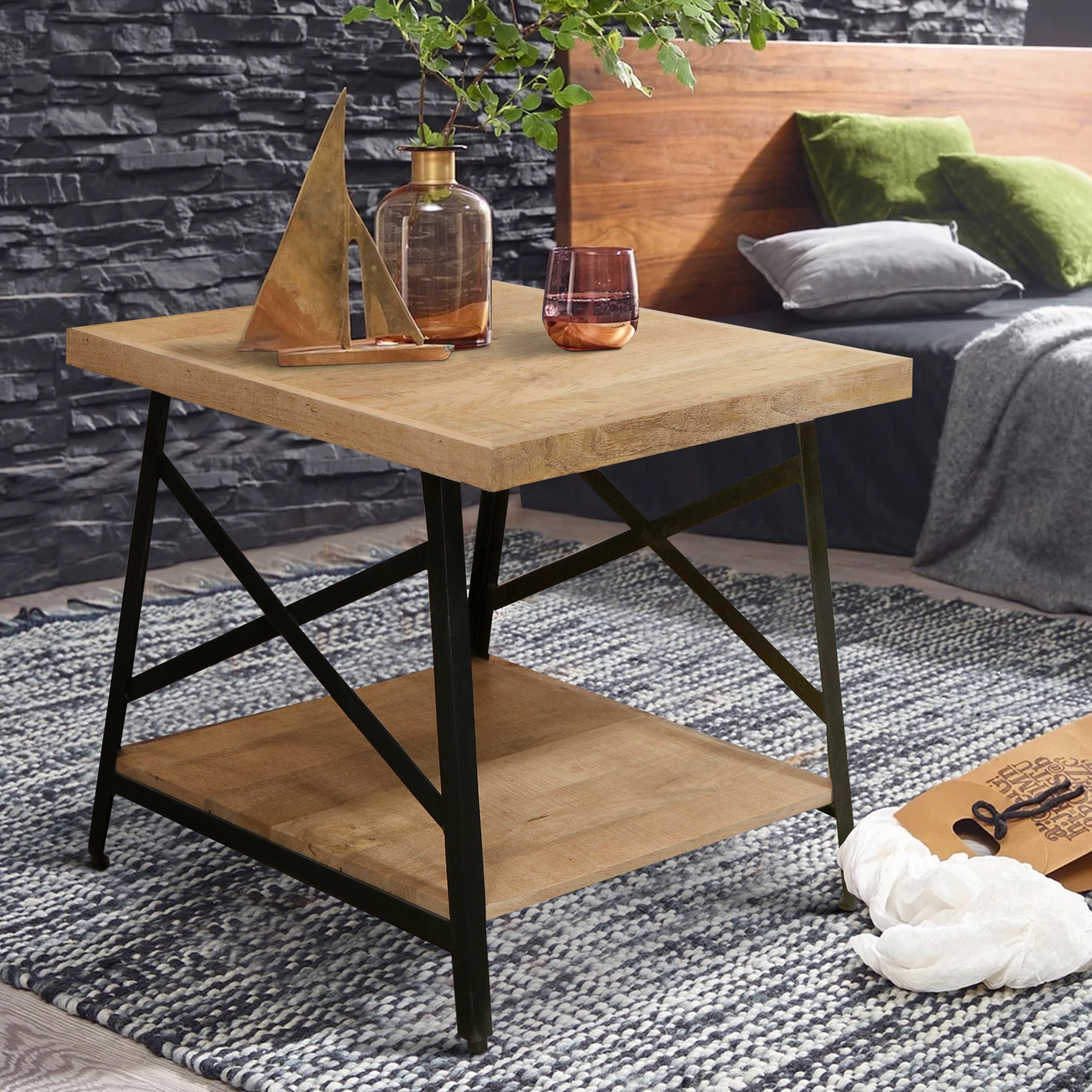 Rectangle Side Table with Open Bottom Shelf and Metal Legs， Brown and Gray