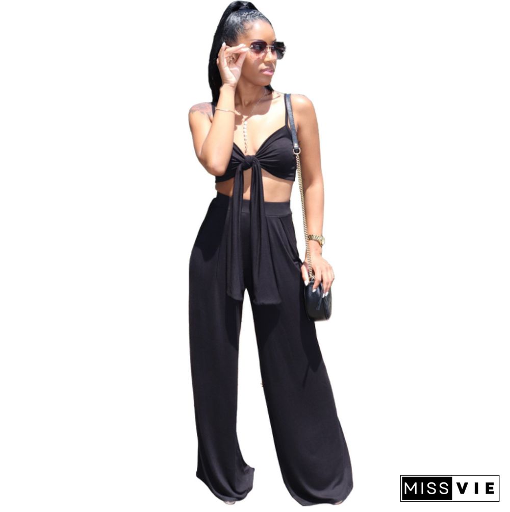 Sexy Solid Color Spaghetti Straps Bandage Wrap Chest Crop Top Loose Long Pants Two Piece Set