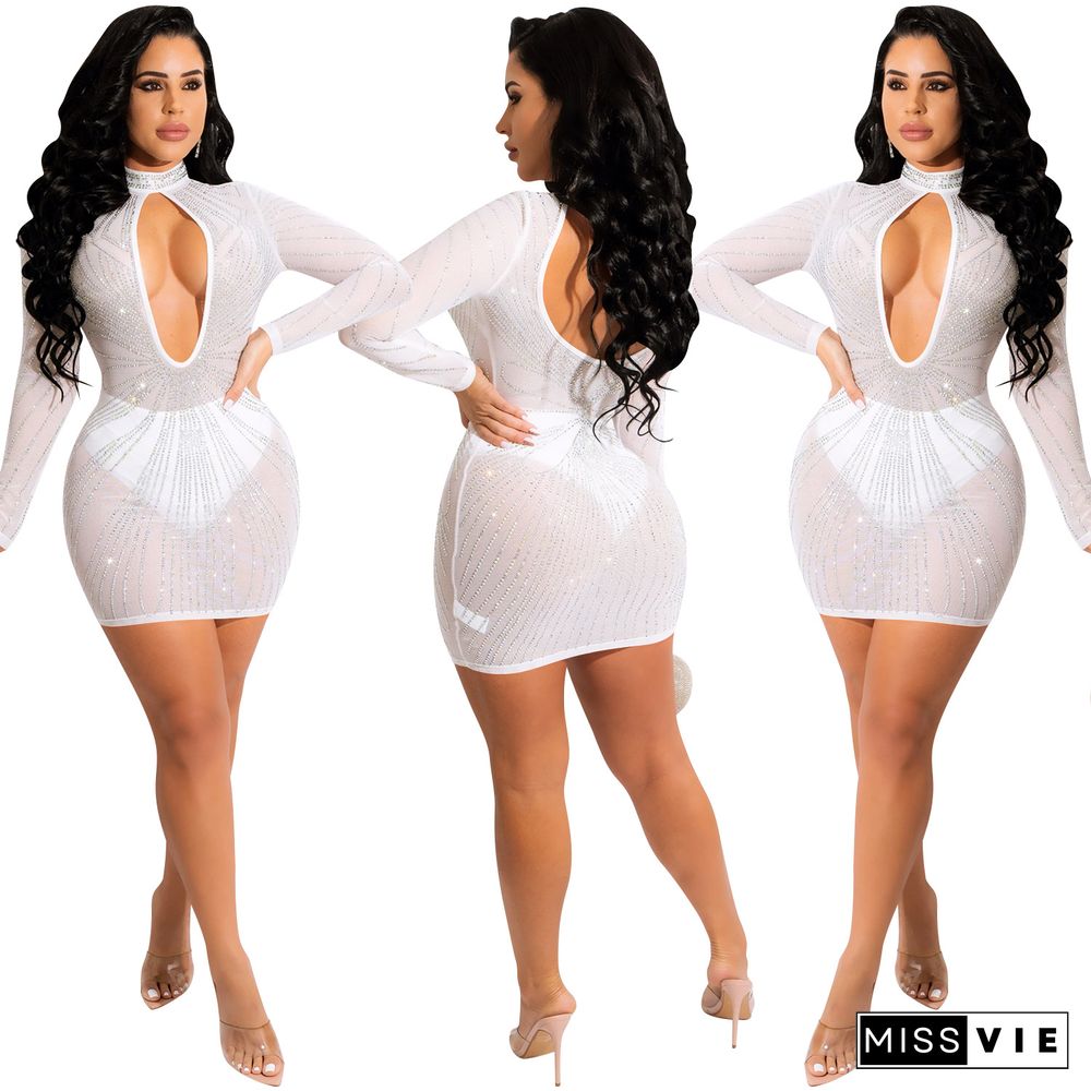 Hot Drilling Mesh Hollow Out Bodycon Nightclub Dress