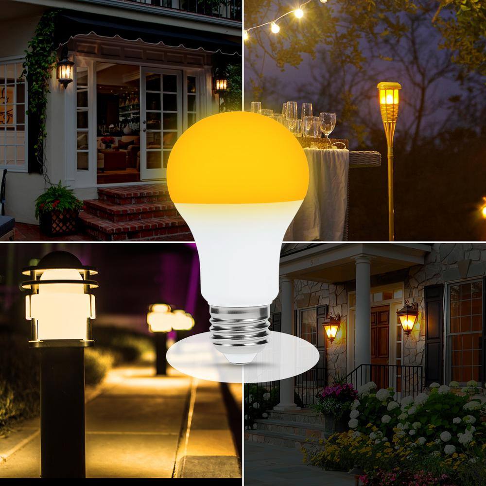 YANSUN 40-Watt Equivalent A19 Dusk to Dawn Light Bulbs OutdoorE26 Base Bug Lights for Outside in Yellow-Colored 2000K (4-Pack) H-GG-XC003OW6E26-4