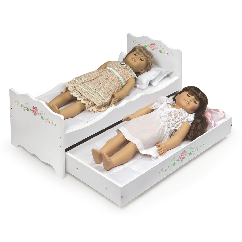 Badger Basket Doll Bed with Trundle and Bedding - White Rose - Fits American Girl, My Life As and Most 18 Dolls