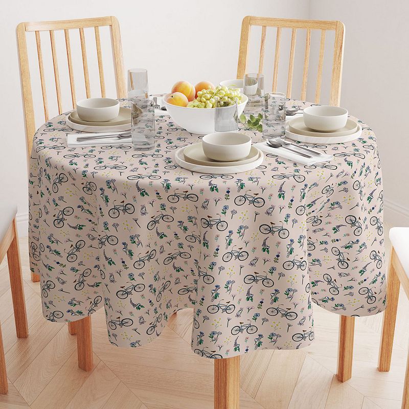 Round Tablecloth， 100% Polyester， 60 Round， Bike Ride in Flowers