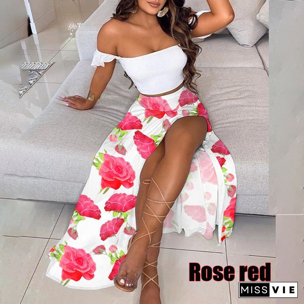 Newest Fashion Summer Women Elegant Two Pieces Sets Cropped Top & Split Skirt Temperament Drop-Shoulder Frilled Top And High Waist Split Dress