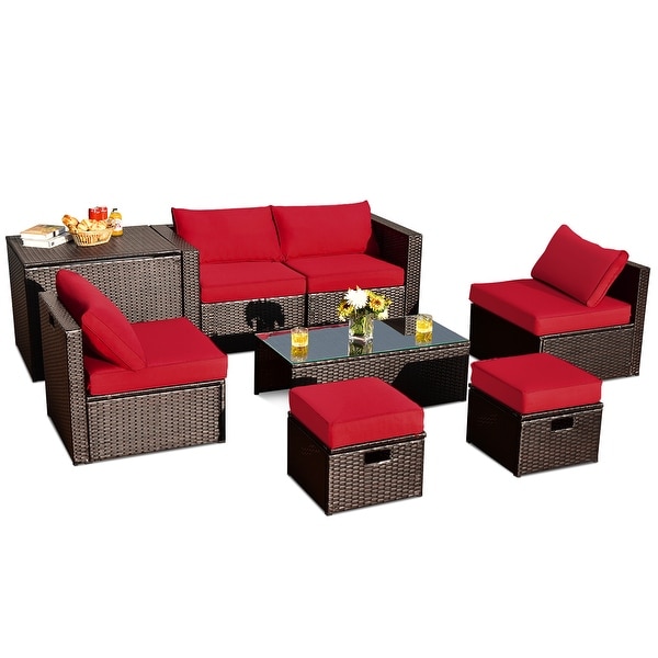 8PCS Patio Rattan Furniture Set SpaceSaving Storage W/ Cushion