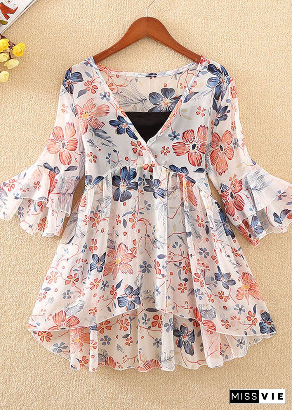 Unique Red V Neck Floral Chiffon Shirt Tops flare sleeve