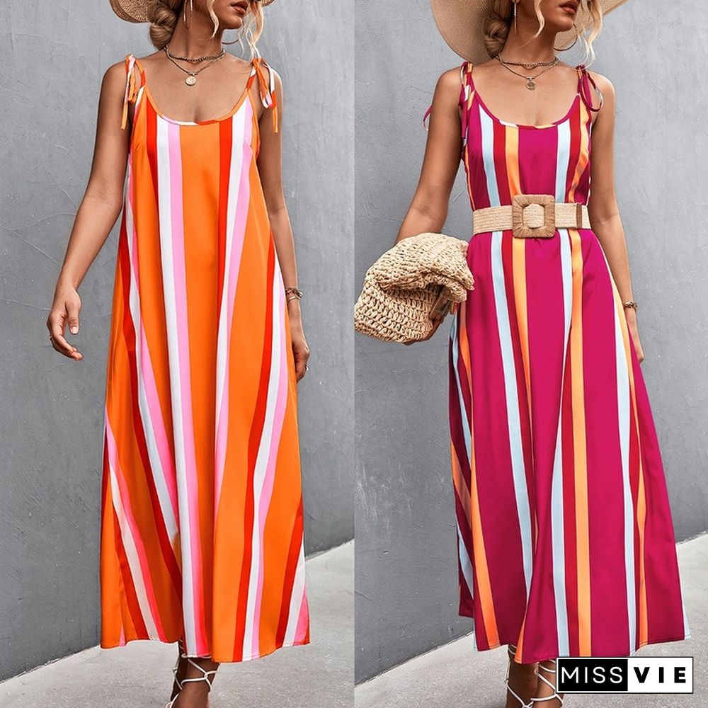 Sexy Dress For Women Summer Dresses New Casual Loose Beach High Waist Backless Lace-up Contrast Stripe Long Sling Dress