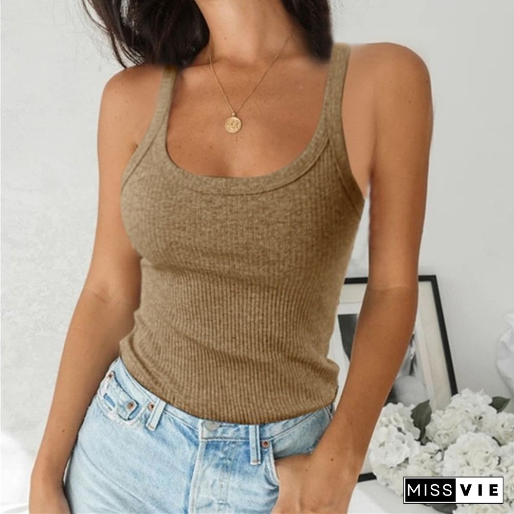 O Neck Summer Knit Vest Top Sleeveless Women Sexy Basic Camisole T-Shirt White Off Shoulder Ribbed Black Tank Top Casual