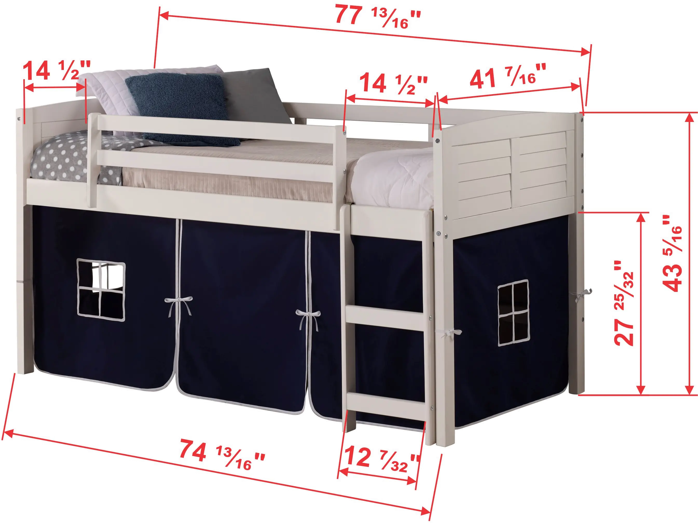 Louver White Twin Loft Bed with Navy Blue Tent