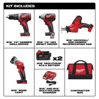 MW M18 18V Lithium-Ion Cordless Combo Tool Kit (4-Tool) w(2) 3.0Ah Batteries (1) Charger (1) Tool Bag 2695-24