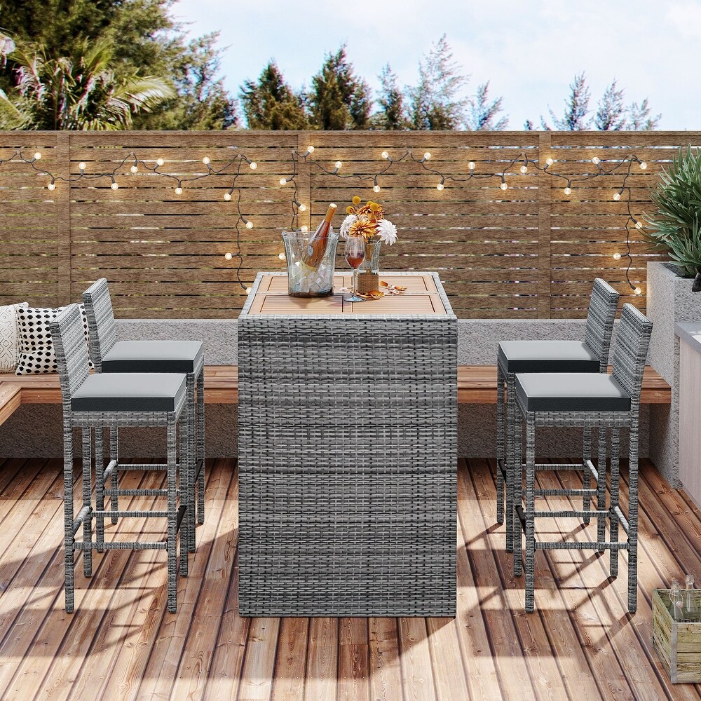 5 piece Outdoor Patio Wicker Dining Set Brown Wood and Gray Wicker