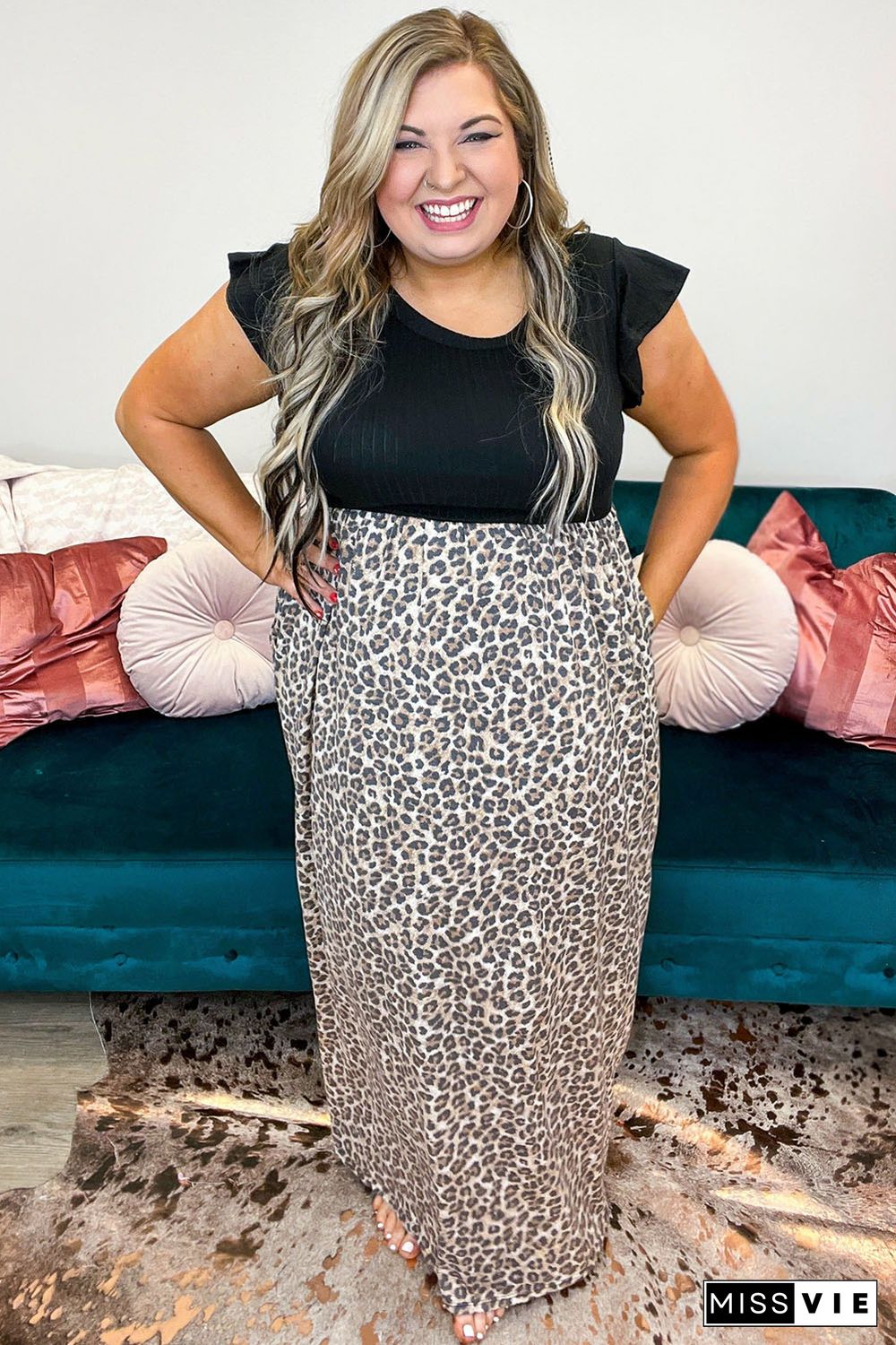 Black Plus Size Rib Leopard Short Sleeve Maxi Dress