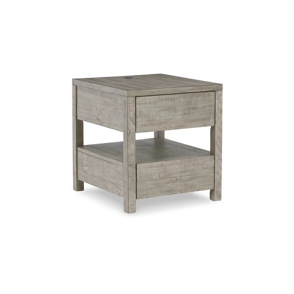 Tren 24 Inch Side End Table， Gray Wood， Pine Veneer， 2 Gliding Drawers