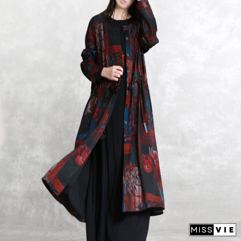 Fine burgundy print coats oversized o neck tie waist outwear Elegant long sleeve pockets coats dresses