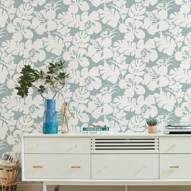 Hibiscus Arboretum Wallpaper in Mint from the Water's Edge Resource Library