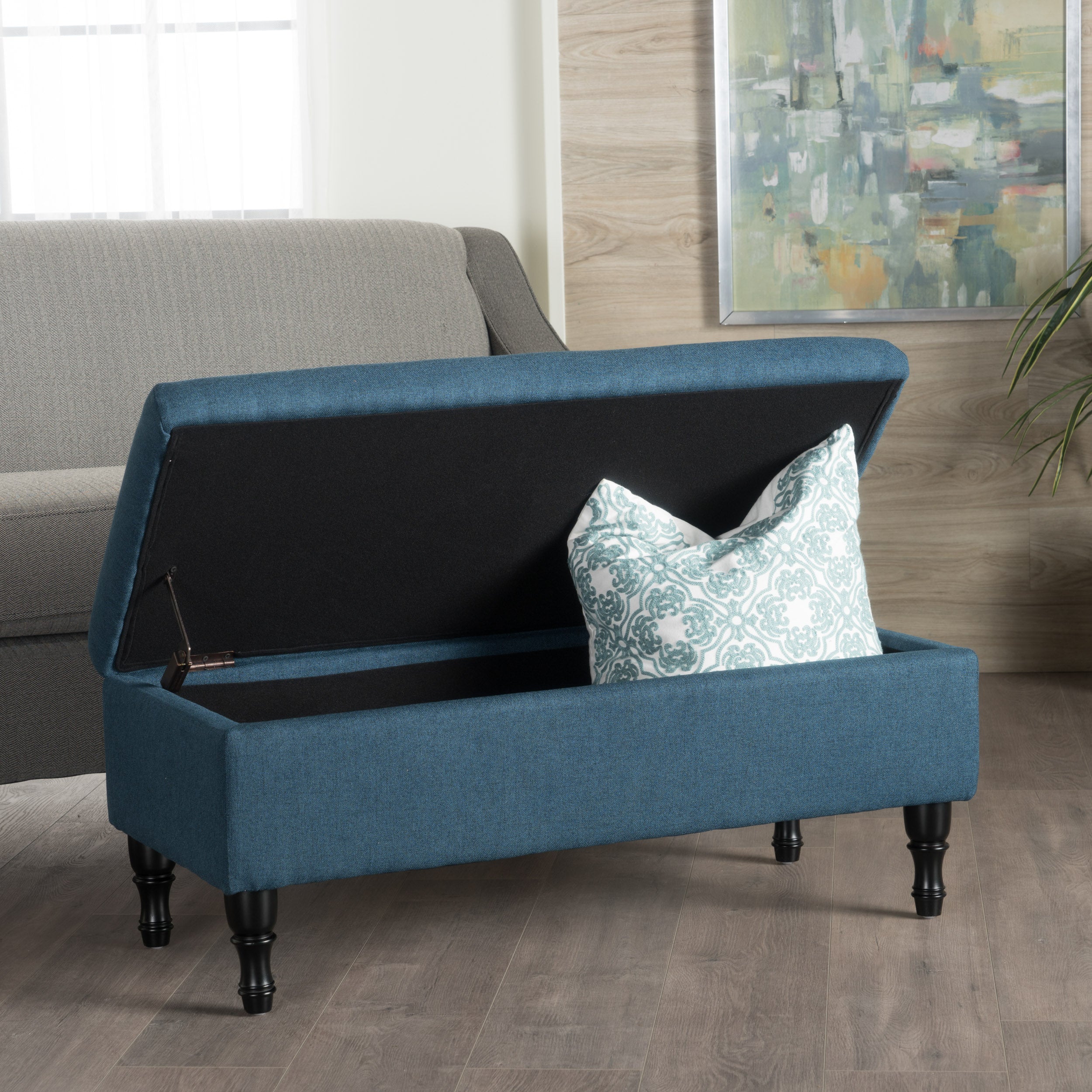 Constance Button Tufted Fabric Rectangle Storage Ottoman Bench w/ Turned Legs