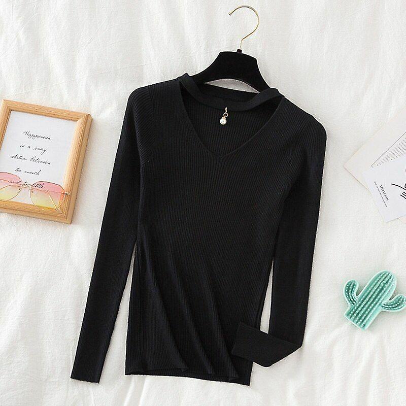 Winter V-neck Women Sweater Knit Top Pullover Clothes Pearl Cut Out Clothing New