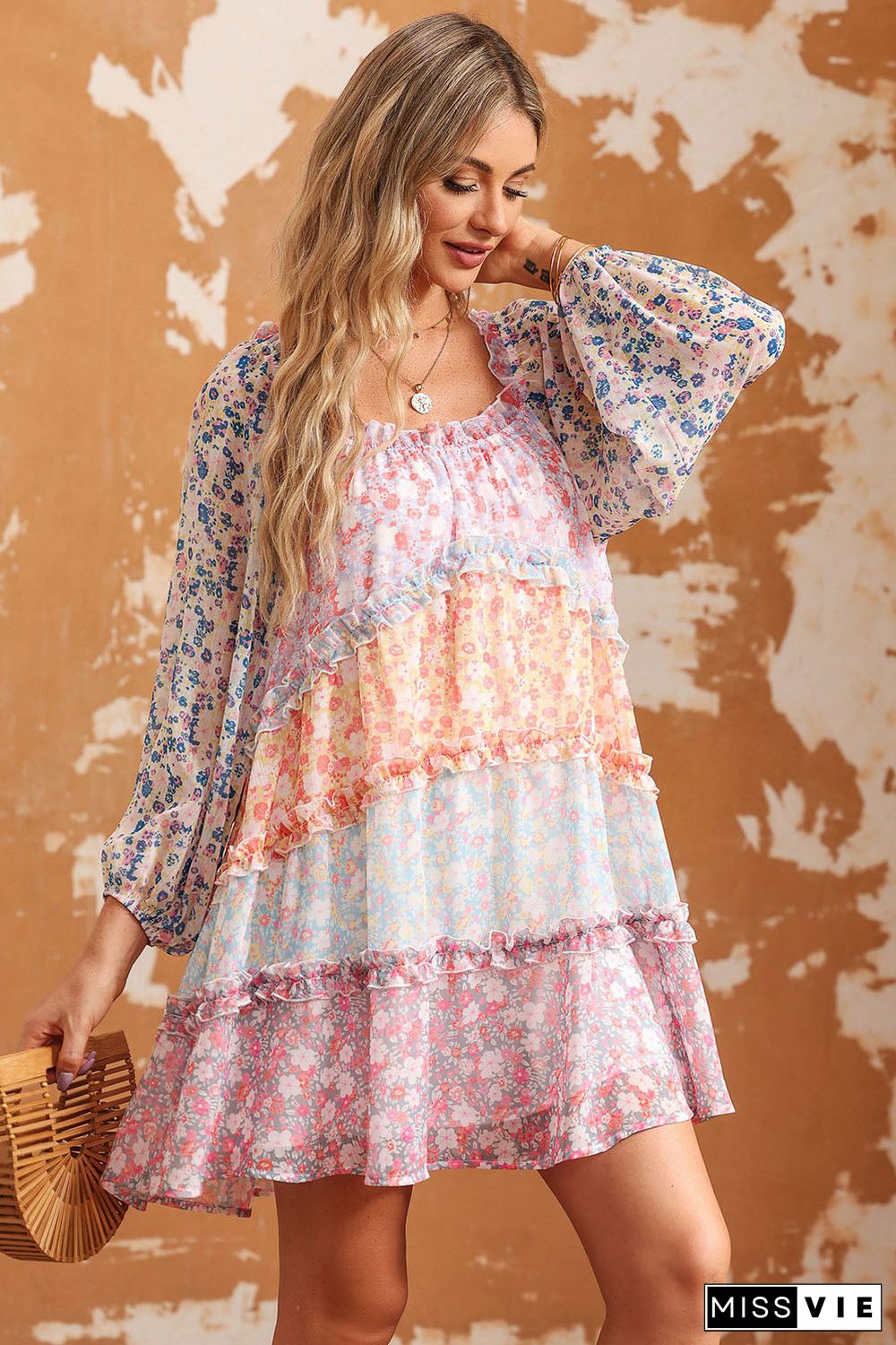 Sky Blue Floral Colorblock Tiered Puff Sleeve Dress