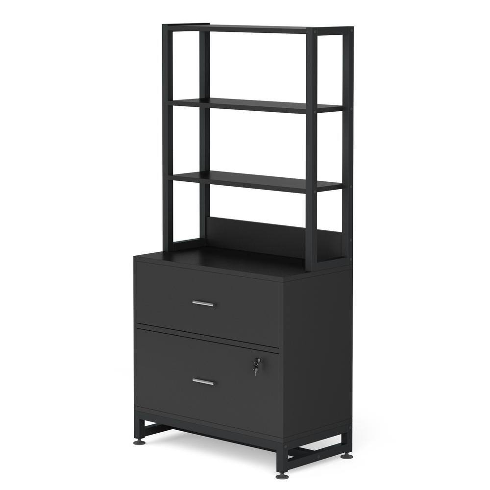 TRIBESIGNS WAY TO ORIGIN Calvin Black Lateral Particle Board File Cabinet Printer Stand with 4 Shelves and 2 Drawers HD-C0273