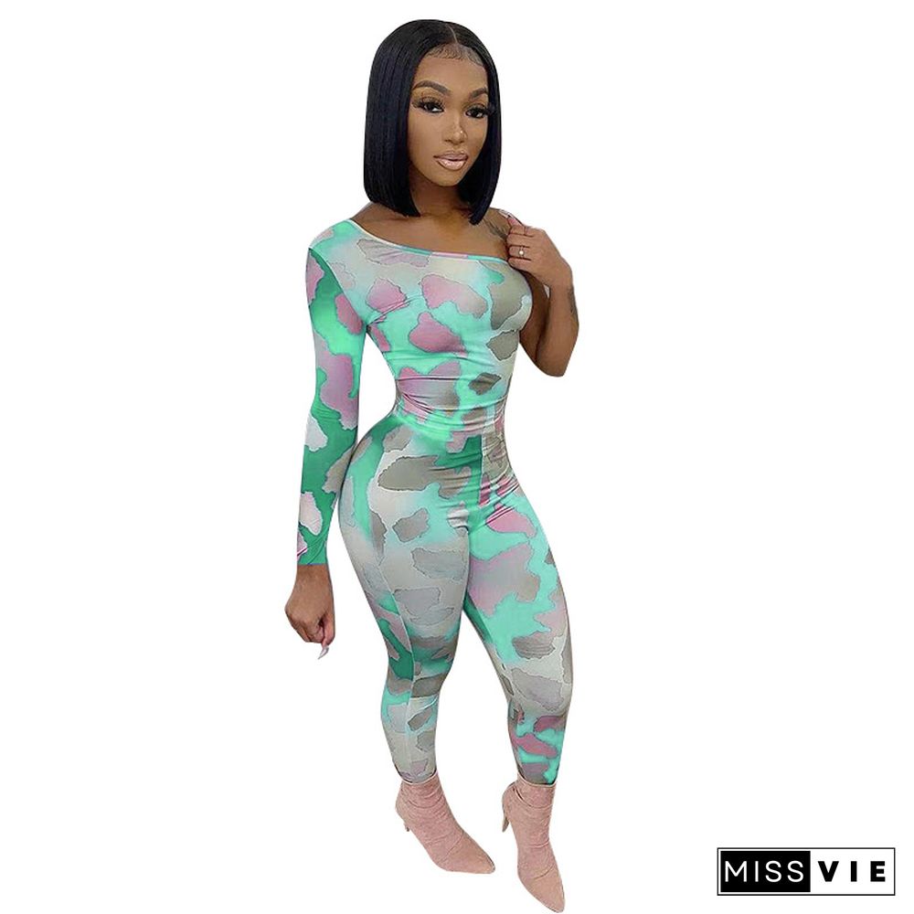 Tie Dye Printed Single Shoulder Bodycon Jumpsuits