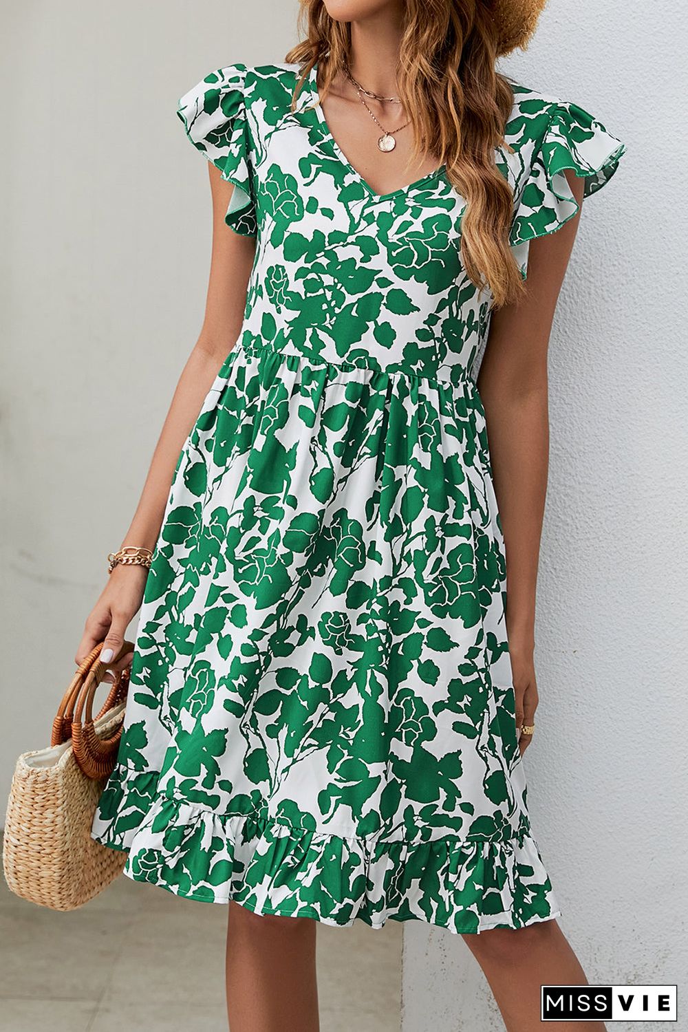 Dark Green Leaf Print V Neck Flutter Sleeve Dress