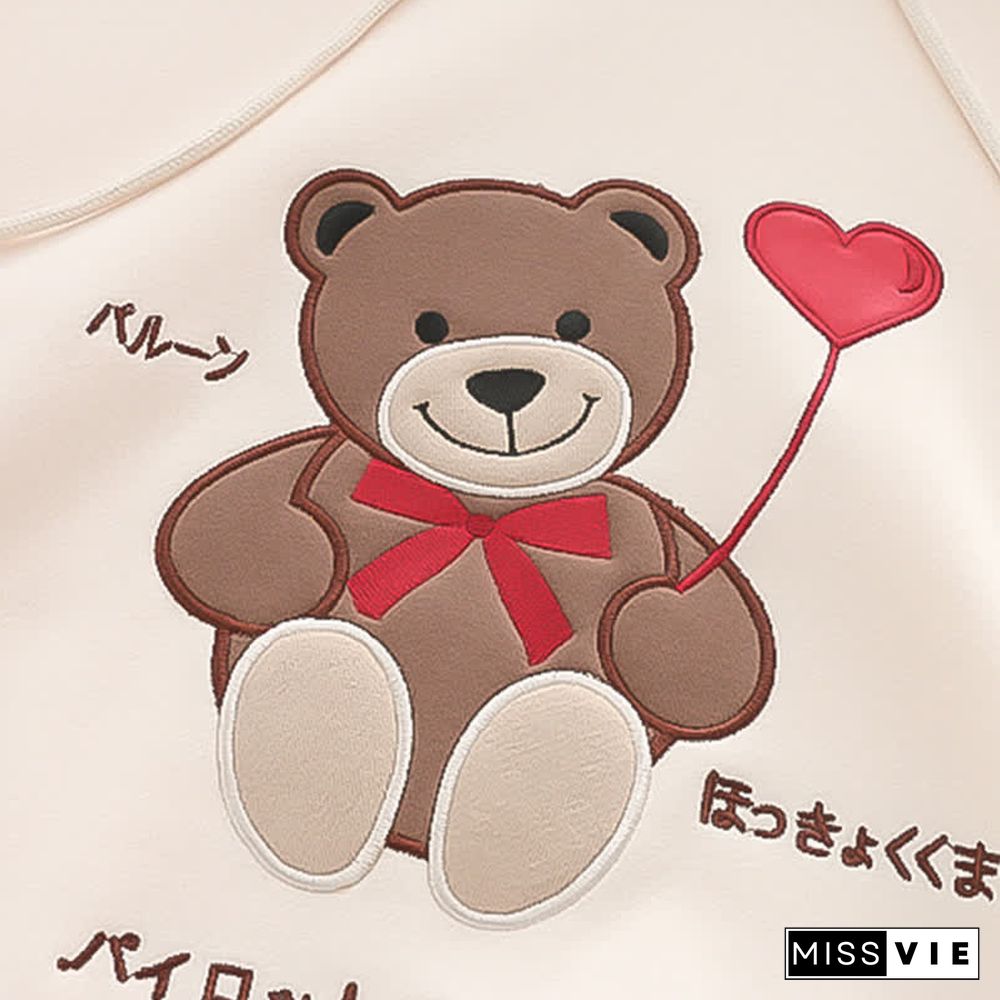 Cartoon Bear Embroidery Loose Plush Hoodie