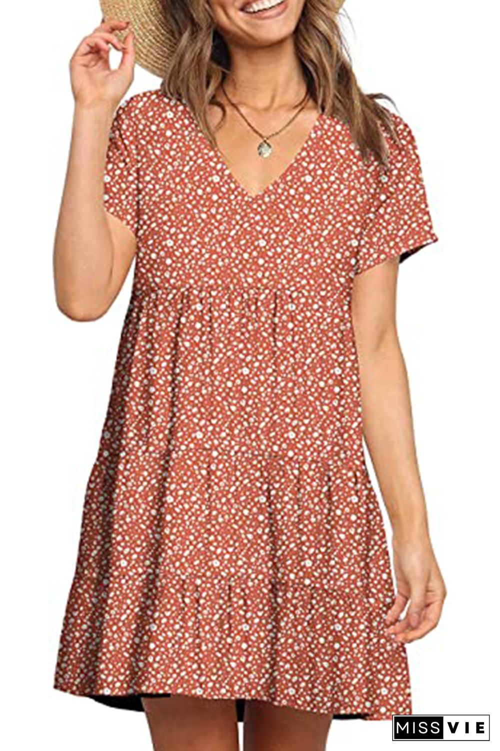 Polka Dot Print V-neck Short Sleeve Mini Dress Wholesale