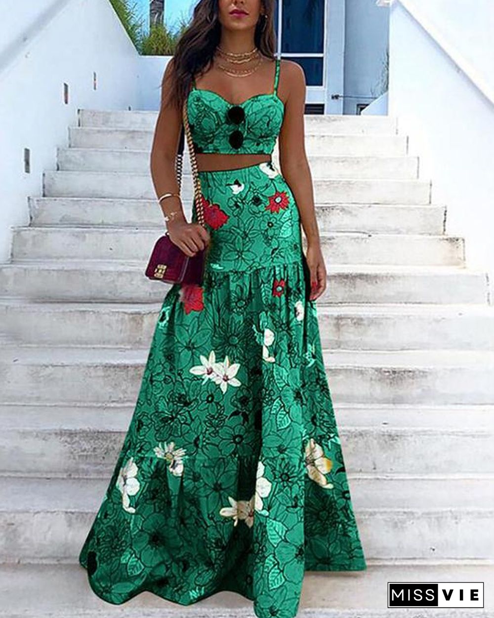 Women Floral Print Tops Skirts Two Piece Set