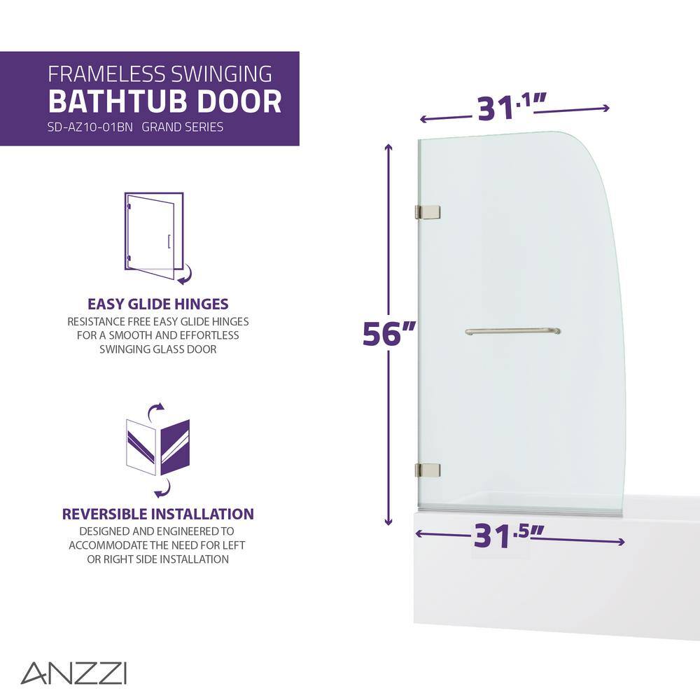 ANZZI Vensea Series 31.5 in. x 58 in. Frameless Hinged Bathtub Door in Brushed Nickel SD-AZ8074-01BN